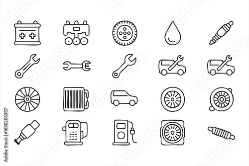 Car Repair and Service Line Icons Including Oil Spark Plug and Radiator