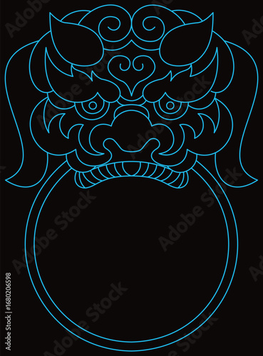 Blue line art mythical guardian beast head adorns an ornate decorative door knocker.