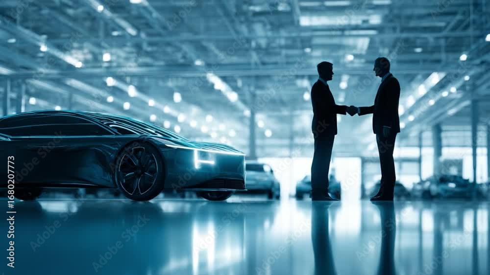 custom made wallpaper toronto digitalAutomotive Deal: Two professionals in suits seal a deal with a handshake in a sleek, modern car showroom, beside a futuristic car.