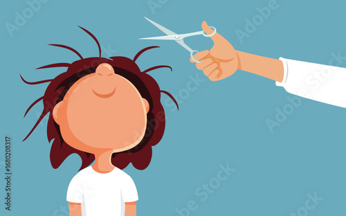 Child with Frizzy Hair Having a Haircut Vector Cartoon Illustration. Kid having their mom cutting the hair before going back to school  

