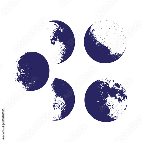 Artistic illustration of moon phases in dark blue with textured grungy appearance on white background