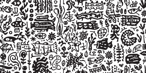 Monochrome Underwater World Illustration with Fish Seaweed and Other Marine Life Doodle Style Hand Drawn Illustration