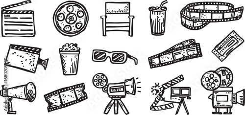 Movie Making and Film Industry Doodle Set Illustration Celebrating Cinema with Vintage Equipment and Accessories Vector Design