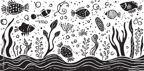 Monochrome Underwater World Illustration with Various Fish and Seaweed Species for Kids and Adults Fun Activity