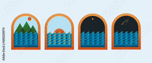Vector Illustration scenery of ocean outside the window. Vector art waves variation outside the windows, for illustration, poster, icon symbol.