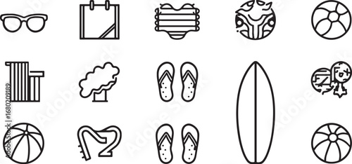 Outline Icons for Summer Vacation and Beach Relaxation Activities Depicting Sunglasses Calendar Beach Towel Tree Flip Flops and Surfboard
