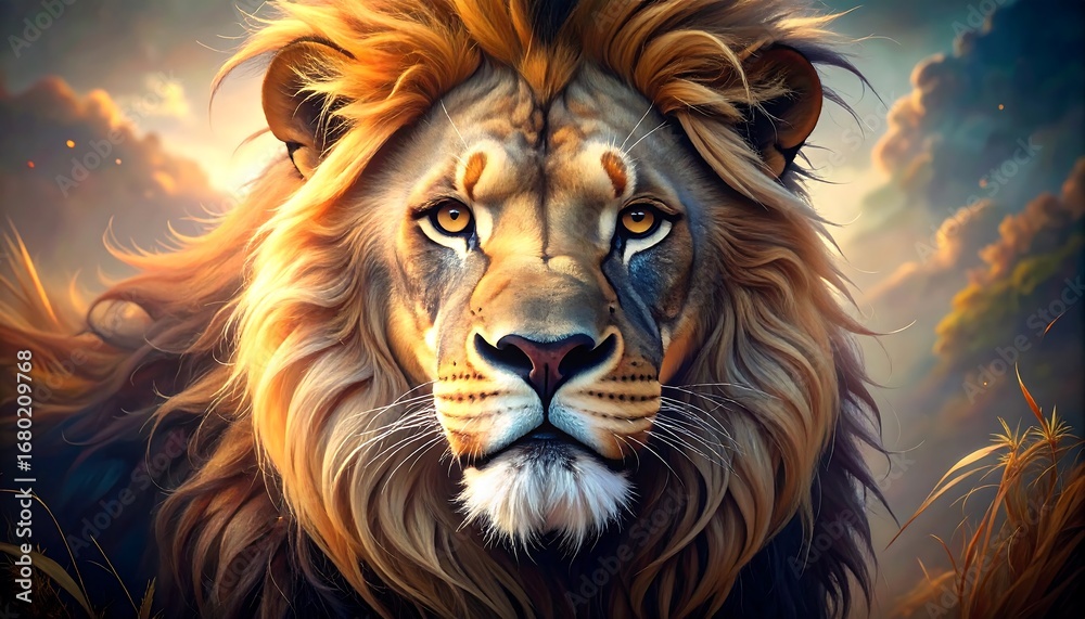 Fototapeta premium Majestic lion portrait in sunrise