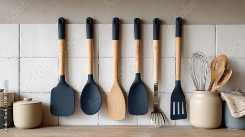 A kitchen utensil set hung up on the wall, with wooden and silicone tools. The scene is a neat arrangement, suggesting culinary precision.