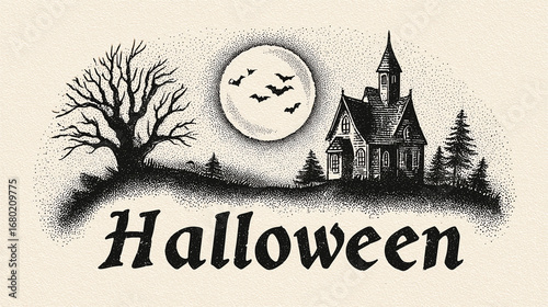 black and white halloween background with house and tree,halftone halloween background with house moon bats and tree,halloween background with haunted house,halloween background with castle