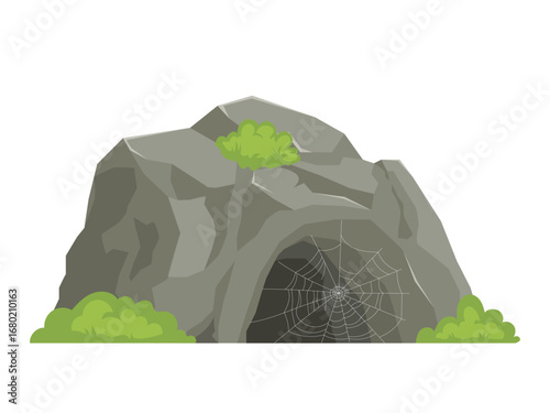 Stone age cave, ancient grot in nature, Cave in stone mountain with spider web