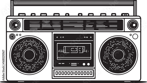 Retro Boombox Illustration Black and White Vintage Audio Equipment Nostalgic Design Classic Ghetto Blaster Music Device Icon Portable Stereo System