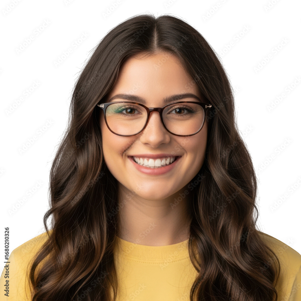 Obraz premium Young woman with glasses smiling isolated on transparent background