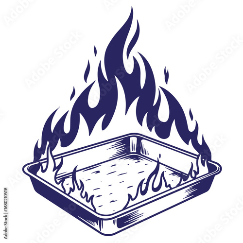 Conceptual illustration of a hot oven tray with flaming food and cookout imagery