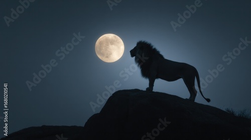 A majestic lion stands silhouetted against a full moon, a captivating image of the king of the jungle under the night sky.