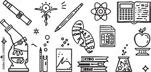 Science and Education Icon Collection in Black and White Outline Style Depicting Various Scientific Tools and Concepts