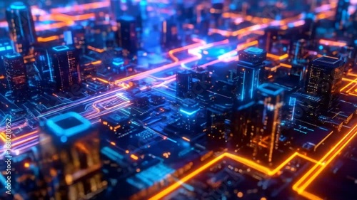 Wallpaper Mural Futuristic Cityscape with Glowing Networks, Seamlessly Blending Technology and Urban Design, Torontodigital.ca