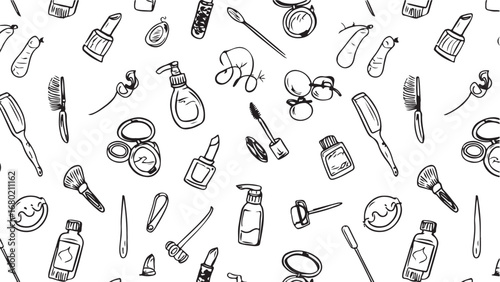 Seamless Pattern of Hand Drawn Beauty and Cosmetic Products Black and White Doodle Background with Makeup Brushes Lipstick Bottles and Skin Care Items