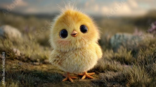 A cute chick with big black eyes standing in the grass. It is a sweet little animal