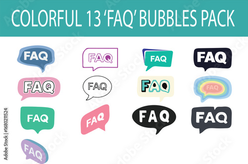 Collection of Thirteen Colorful FAQ Bubbles Design for Websites and Apps User Support Frequently Asked Questions Vector Illustration