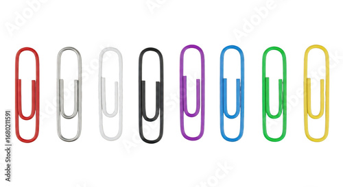 Colorful paperclips isolated on transparent background, a stationery item