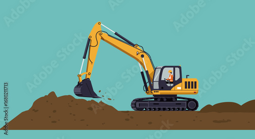 Yellow Excavator Digging Earth with Operator in Cab.