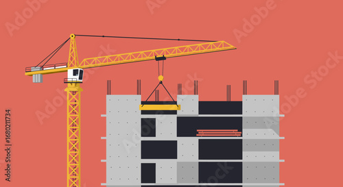 Construction Crane Lifting Building Component Vector Illustration.