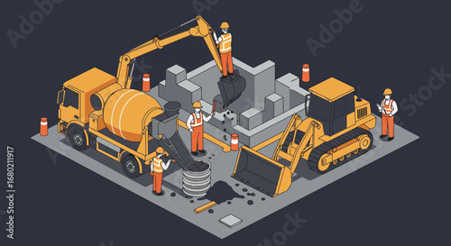 Isometric Construction Site with Machinery and Workers.