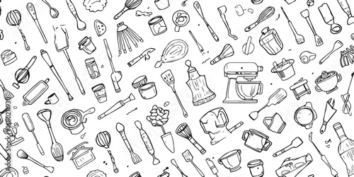 Seamless Pattern of Kitchen Utensils in Doodle Style Black and White Illustration for Culinary Designs and Baking Themed Projects