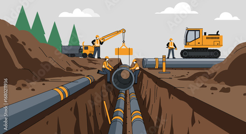 Construction Workers Installing Large Pipes in Trench Illustration.