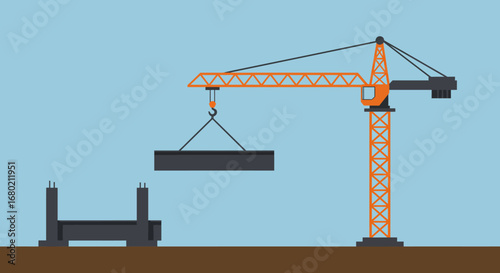 Orange Construction Crane Lifting Concrete Block Illustration.