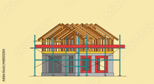 Construction of a House with Scaffolding and Roof.