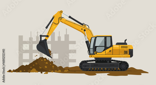Yellow Excavator Digging Earth with Black Bucket.