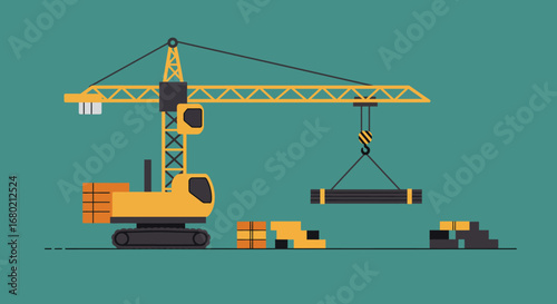 Yellow Construction Crane Lifting Steel Beams Illustration.