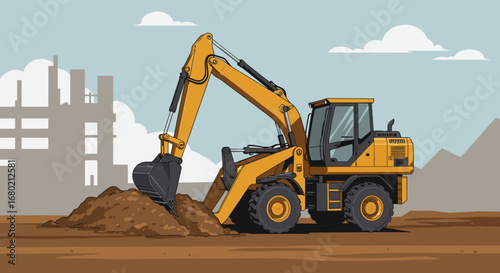 Yellow Excavator Digging Earth on Construction Site.