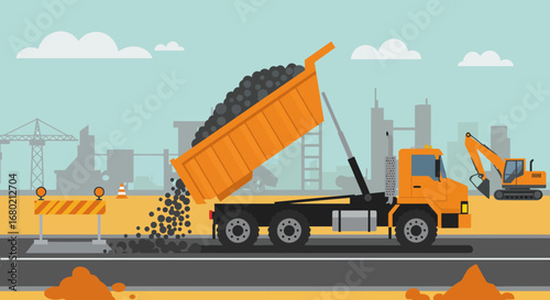 Orange Dump Truck Unloading Construction Materials.