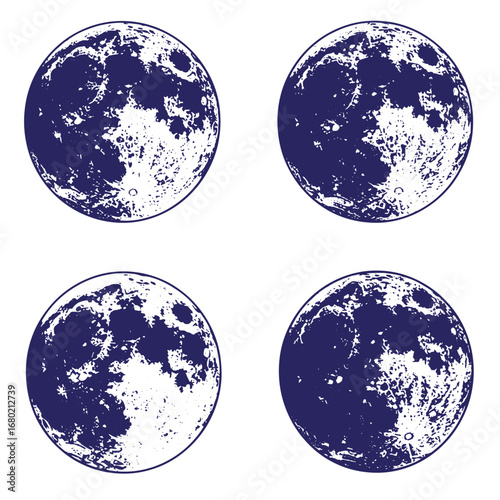 Detailed illustration of multiple phases of the moon isolated on a clean white background.