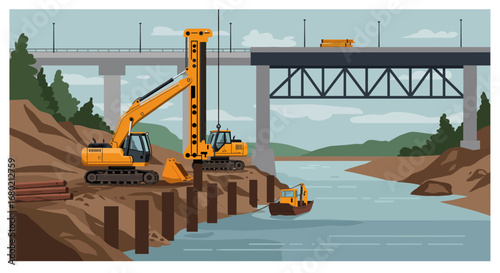 Construction Site with Heavy Machinery Building Bridge.
