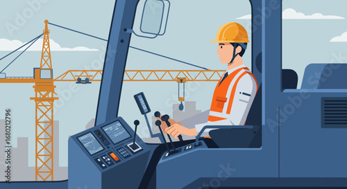 Construction Worker Operating Crane in Cab Vector Illustration.