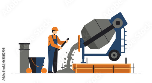 Construction Worker Pouring Concrete from Mixer Illustration.