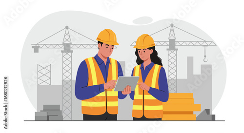 Construction Workers Reviewing Plans on Tablet at Site.