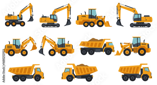Collection of Yellow Construction Vehicles in Various Poses.