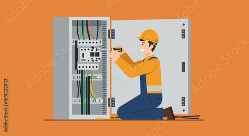 Electrician Working on Electrical Panel with Screwdriver.