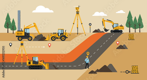 Construction Site with Heavy Machinery and Surveyor Tools.