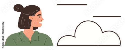 Young woman in a green shirt looking toward a cloud with horizontal lines suggesting thoughts or aspirations. Ideal for creativity, mindfulness, possibility, optimism, vision, forward thinking