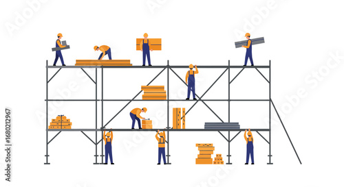 Construction Workers Building on Scaffolding with Materials.