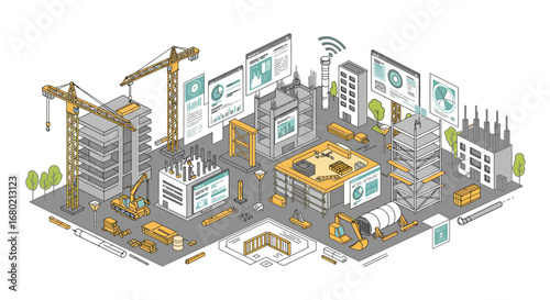 Isometric Illustration of Construction Site with Cranes and Buildings.