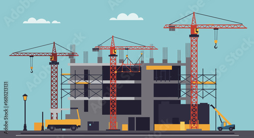 Construction Site with Tower Cranes and Building.