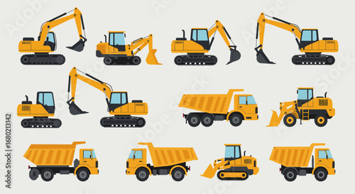 Collection of Yellow Construction Vehicles in Vector Style.