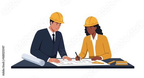 Two Architects Working on Architectural Blueprints Together.