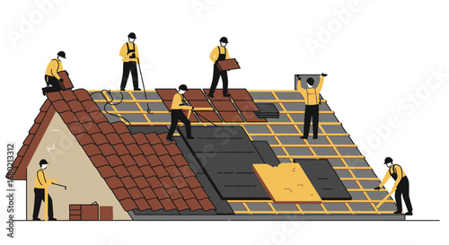 Roofers Repairing House Roof with Tiles and Materials.